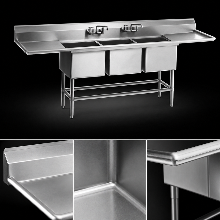 Product image #3 for Spec-Master FN2048-3-30R-14/3 Three-Compartment 14-Gauge 304 Stainless Steel Sink with 30-Inch Right Drainboard, 85.5 Inches Wide