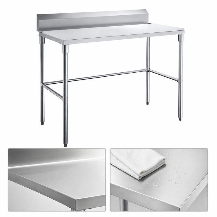 Product image #3 for 48 Inch x 30 Inch 18 Gauge 430 Stainless Steel Work Table with 5 Inch Backsplash and Open Galvanized Base