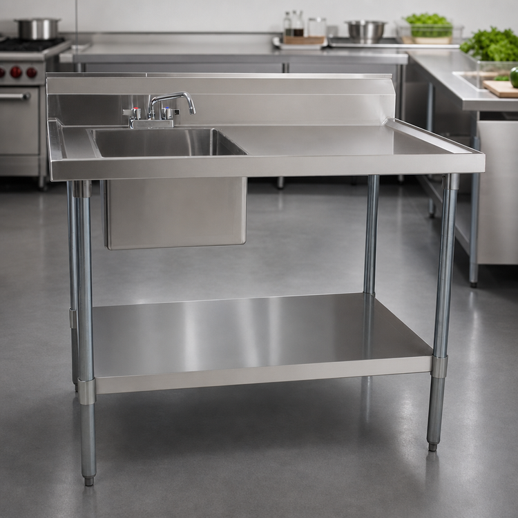 Product image #3 for BK Resources 48-Inch Left-Side Prep Sink Work Table with 18/304 Stainless Steel Top and 6-Inch Backsplash