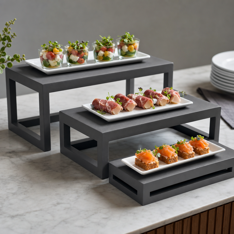 Product image #3 for American Metalcraft 3-Piece Rectangular Black Solid Wood Buffet Riser Set
