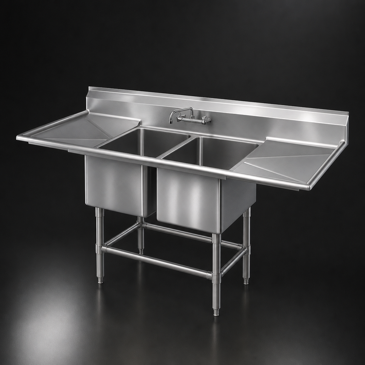 Product image #3 for Eagle Group Spec-Master FN Series Coved Corner Two-Compartment Sink with 36-Inch Right Drainboard, 81-1/2W x 27D