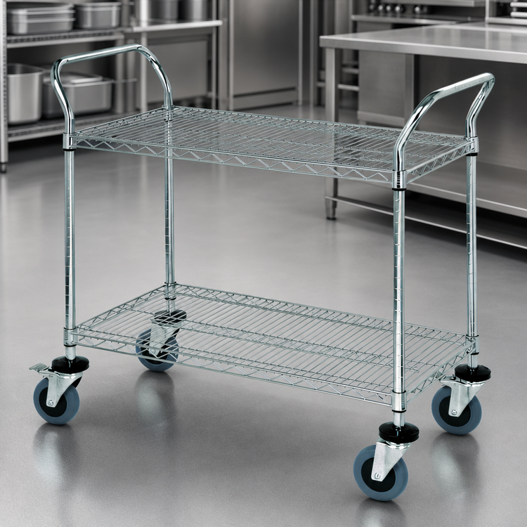 Product image #3 for Quantum Conductive Chrome-Plated Utility Bus Cart with 2 Wire Shelves and 1200 lb Capacity