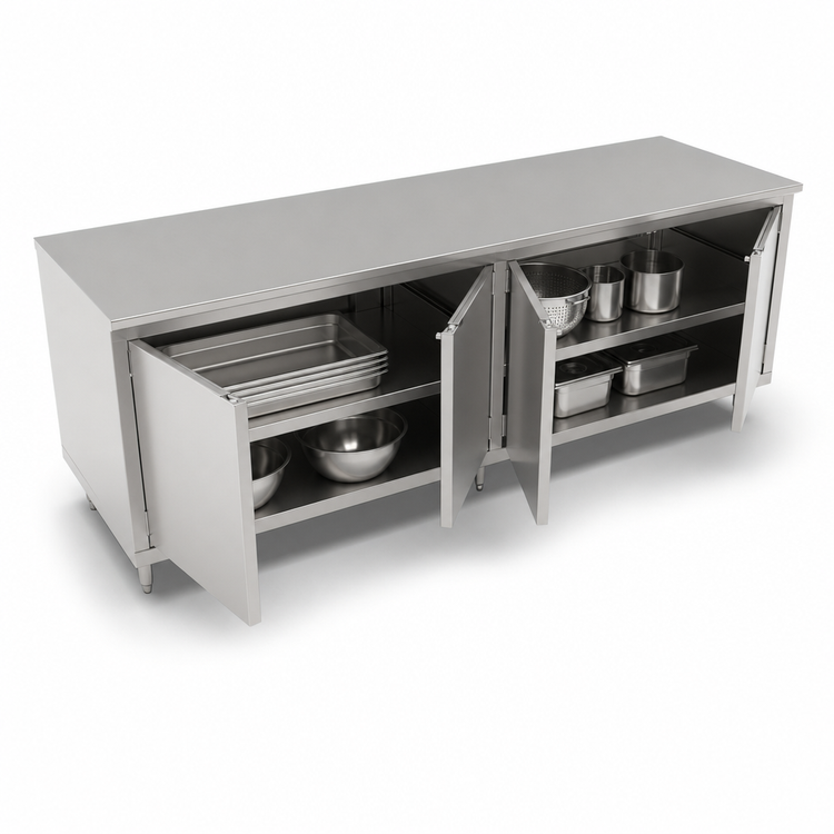 Product image #3 for John Boos 108-Inch x 30-Inch Enclosed Work Table with Cabinet Base and 2 Hinged Door Sets, Stainless Steel Flat Top