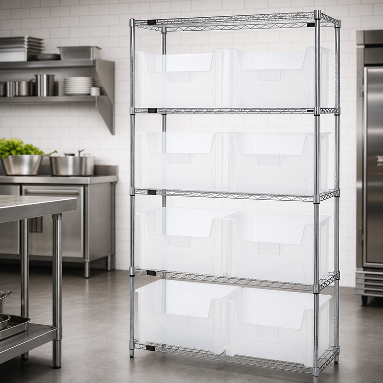 Product image #3 for Quantum Stationary Chrome-Plated Wire Shelving System with 5 Shelves and 8 Clear Bins, 42 x 18 x 74 Inches