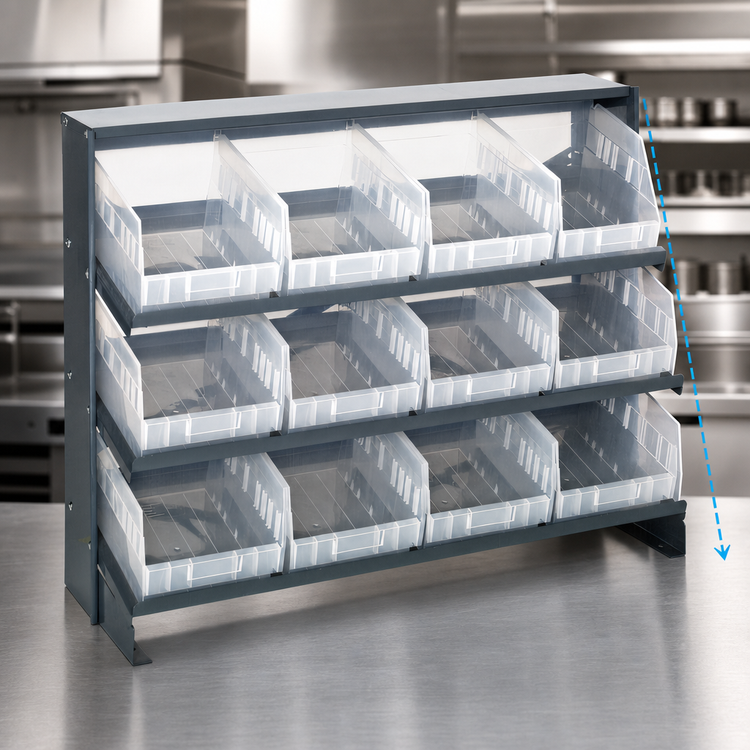 Product image #3 for Quantum Sloped Bench-Style Pick Rack with 3 Shelves and 12 Clear Bins