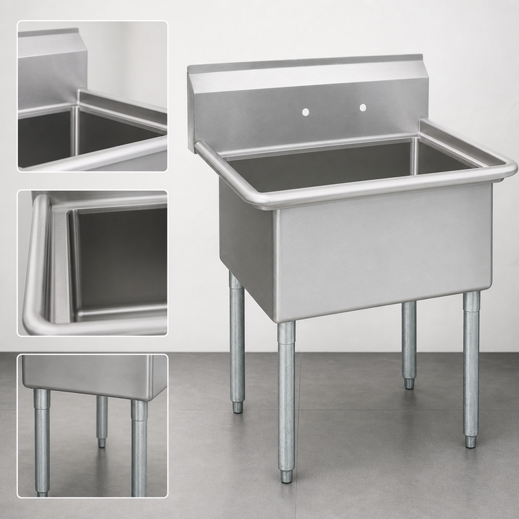 Product image #3 for One Compartment Stainless Steel Sink with 24 x 24 x 14 Inch Bowl, 9 Inch Backsplash, and Galvanized Legs