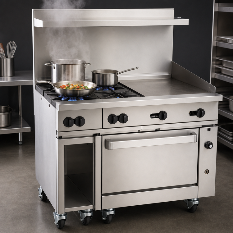 Product image #3 for Vulcan Endurance 48-Inch Commercial Gas Range with 4 Open Burners, 24-Inch Griddle, Convection Oven and Cabinet Base