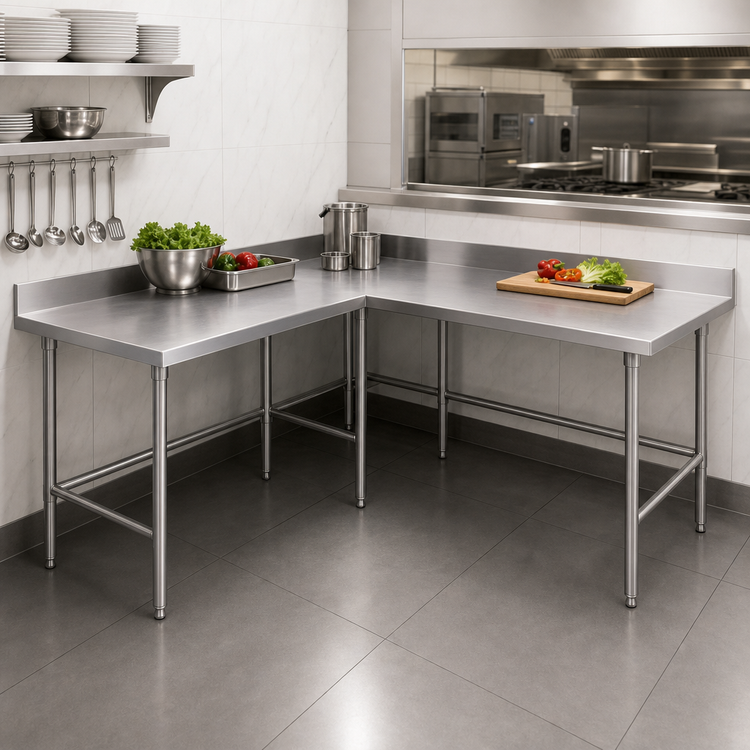 Product image #3 for Advance Tabco L-Shaped Stainless Steel Corner Work Table, 96 x 60 Inch, 24 Inch Deep, 14 Gauge 304 Top, 5 Inch Backsplash
