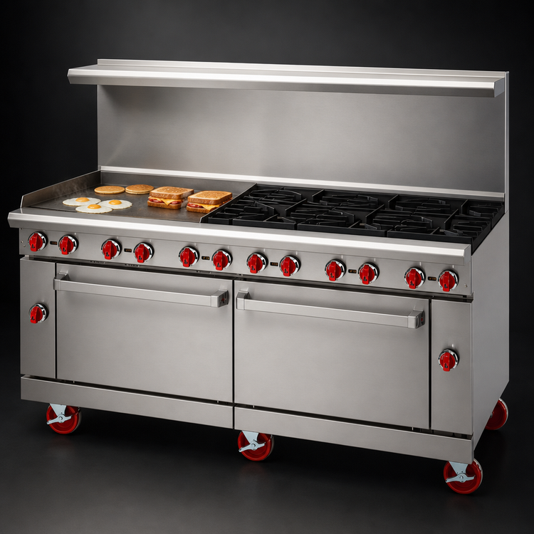 Product image #3 for American Range 72-Inch Gas Restaurant Range with 24-Inch Griddle, 8 Open Burners, and 2 Storage Bases