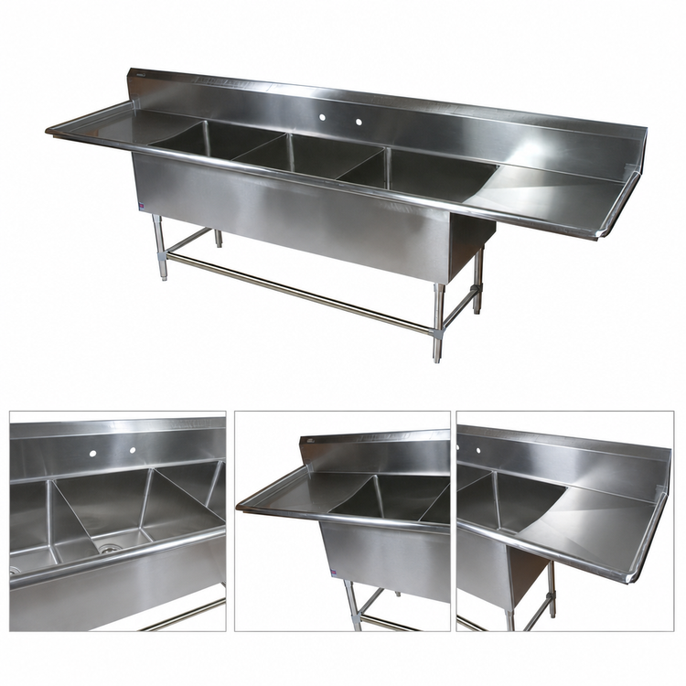 Product image #3 for John Boos Pro-Bowl 3-Compartment Sink with 24-Inch Left and Right Drainboards, 16 x 20 x 14-Inch Bowls, 14-Gauge Stainless Steel