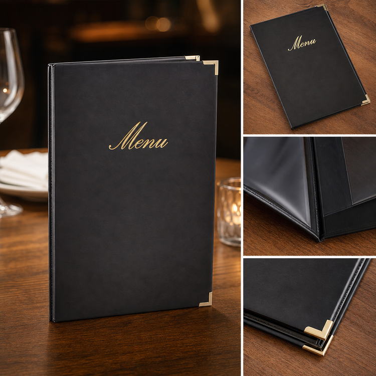 Product image #3 for Securit Classic Sewn 10 x 13 Black Faux Leather Booklet Menu Cover with Gold Lettering