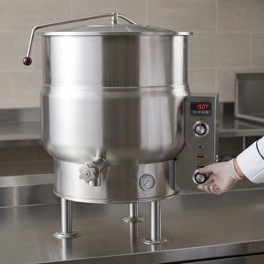 Experience precise and consistent temperature regulation with the intuitive thermostatic control panel of this commercial kettle.
