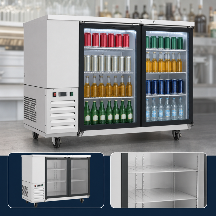 Product image #4 for Atosa Two-Section Glass Door Back Bar Cooler, 48 Inch, Self-Contained Side-Mount Refrigeration, Stainless Steel