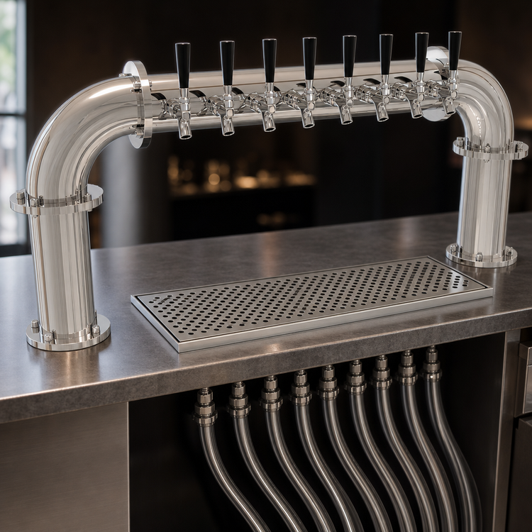 Product image #3 for Pipe Pass-Thru Countertop Draft Dispensing Tower with 8 Stainless Steel Faucets, Air-Cooled, 2 Columns, Mirror Finish