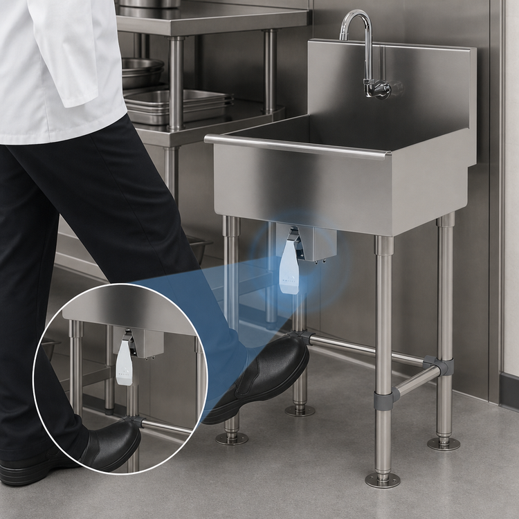 Product image #3 for Advance Tabco Freestanding 16-Gauge 304 Stainless Steel Service Sink with Knee Valve and Gooseneck Faucet, 22 x 19-1/2 Inches