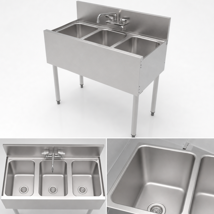 Product image #4 for Top Shelf TS Series 36-Inch 3-Compartment Underbar Multi-Tank Sink Unit, 18-Gauge Stainless Steel