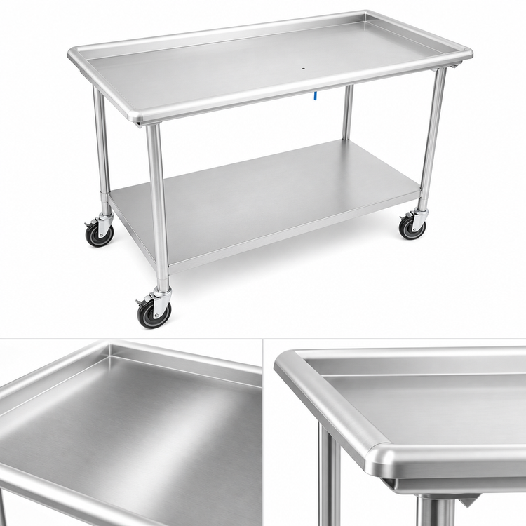 Product image #3 for John Boos 72-7/8 x 30-3/8 Inch Stainless Steel Sorting Table with 2-1/4 Inch Raised Edge, Undershelf, and Locking Casters
