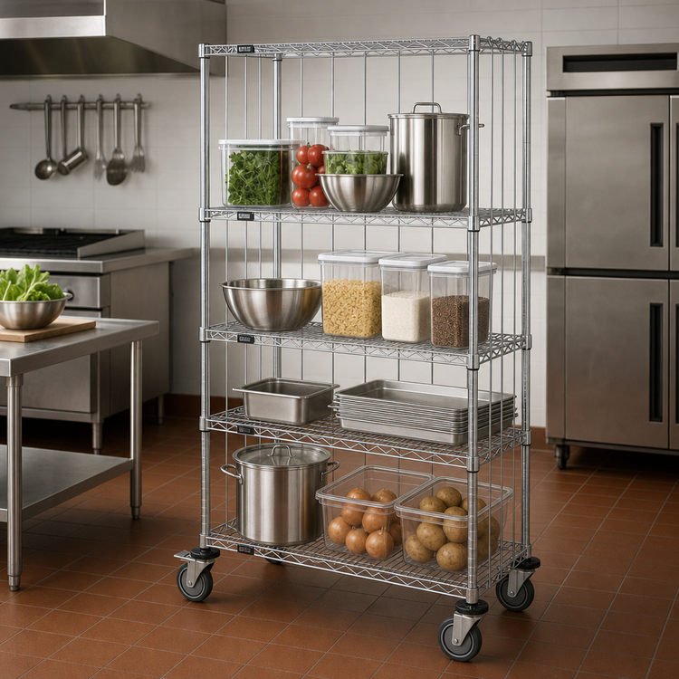 Product image #3 for Quantum Mobile Enclosure Wire Shelving Cart, 48 x 24 x 80 Inches, 4 Shelves, Chrome Plated Finish