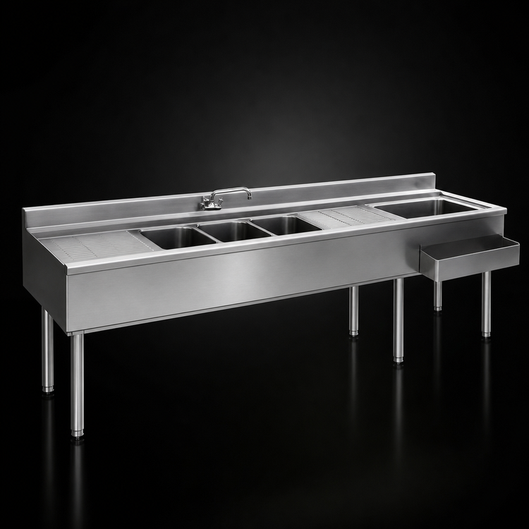 Product image #3 for Eagle 2200 Series 108-Inch Right-Hand Underbar Combination Unit with 4 Sink Bowls, Dual Drainboards, Ice Bin, and Speed Rail