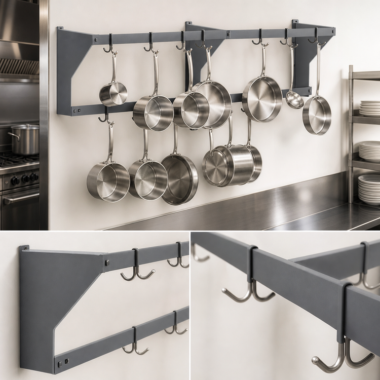 Product image #3 for Eagle Group 72-Inch Wall-Mounted Aluminum Double-Bar Pot Rack with 12 Hooks