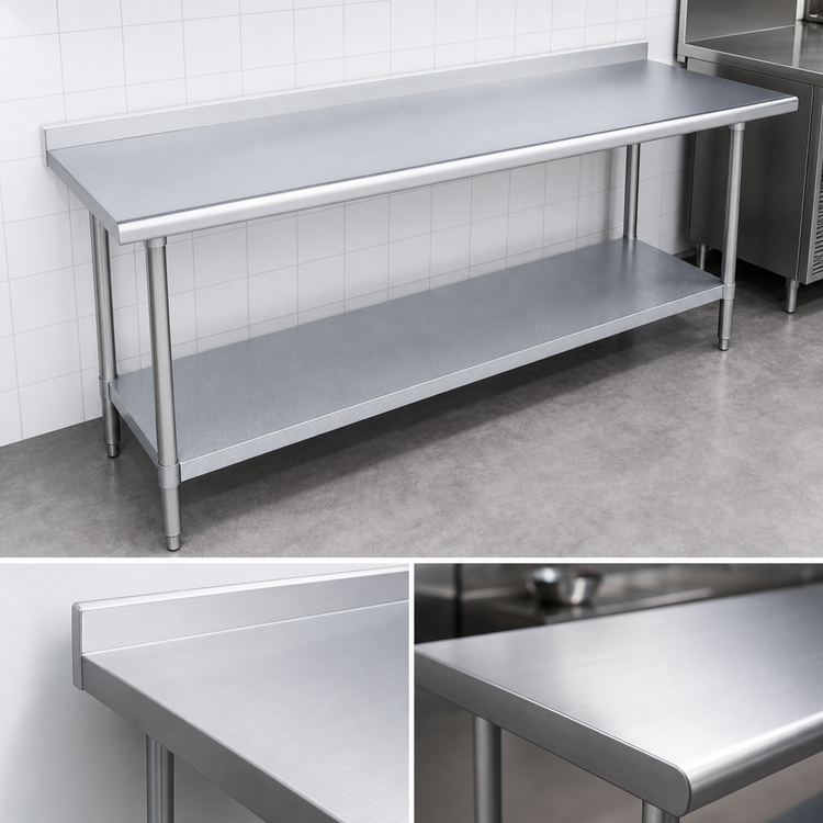 Product image #3 for Duke 120 Inch Long x 36 Inch Deep 14-Gauge 300 Series Stainless Steel Work Table with 1-1/8 Inch Straight Riser and Galvanized Undershelf