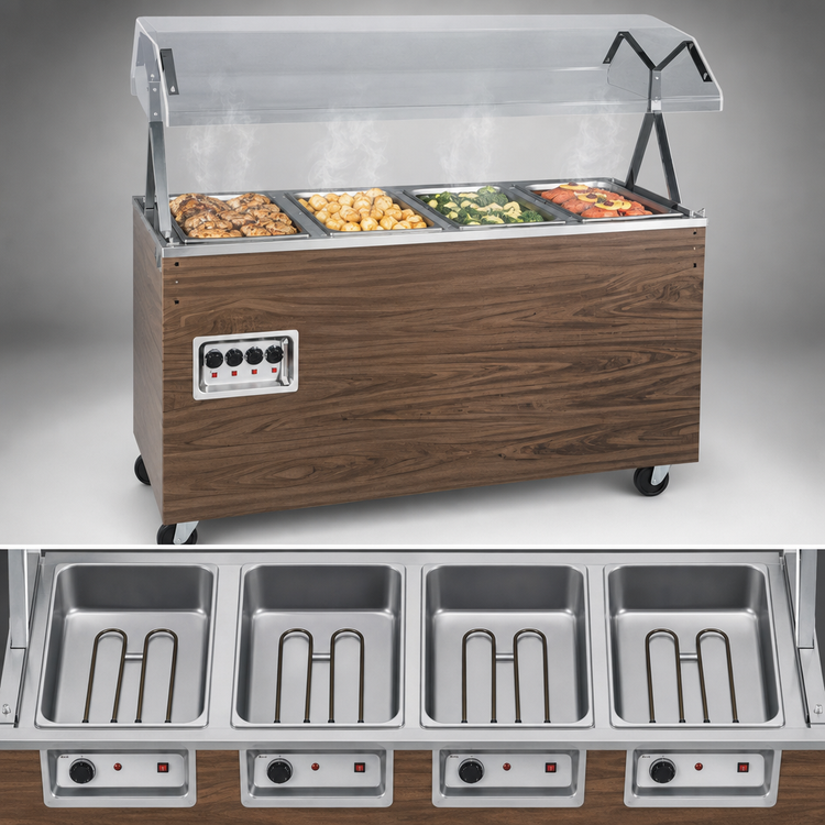Product image #3 for Vollrath 2-Series 4-Well Mobile Hot Food Station with Enclosed Storage Base, Buffet-Style Breath Guard, Cherry Woodgrain