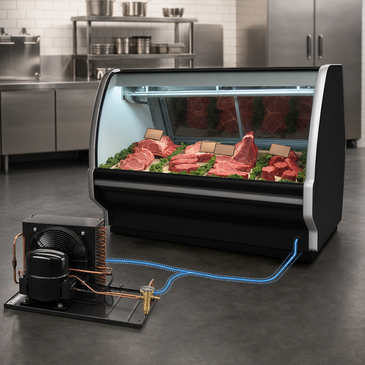 Product image #3 for Howard-McCray 40E Series Remote Red Meat Service Case, 75.5-Inch W, Endless Design, Double-Bend Curved Glass, Black Exterior/White Interior, LED