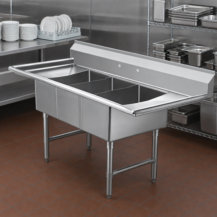 Product image #3 for Klinger's Trading Economy 3-Compartment Floor Model Stainless Steel Sink with Double Drainboards, 60 Inch