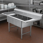 Thumbnail image #3 for Klinger's Trading ECS3SM2D 3-Compartment Stainless Steel Floor Sink, 60-Inch, Double Drainboards, 9-Inch Backsplash