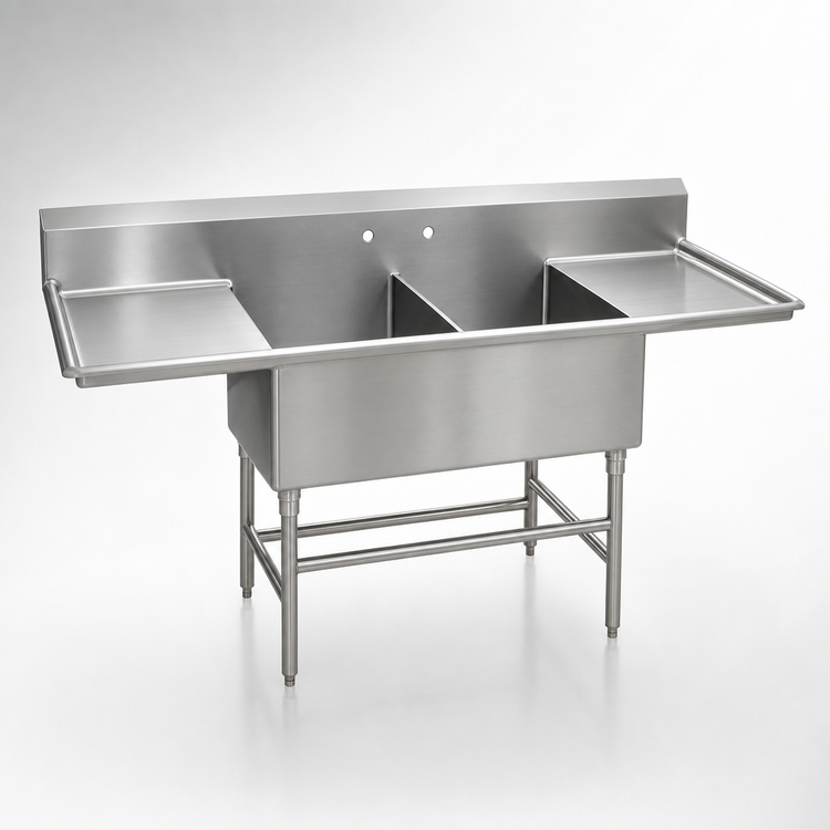 Product image #3 for Eagle Group Spec-Master FFN2748-2-24-14/3 Two-Compartment Flush Front Stainless Steel Sink with Dual 24-Inch Drainboards