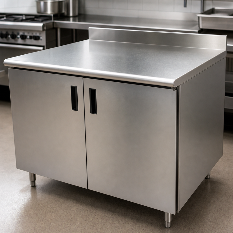 Product image #3 for Advance Tabco 48 Inch x 30 Inch Enclosed Work Table with Cabinet Base, 14 Gauge 304 Stainless Steel Top, 5 Inch Backsplash, Mid-Shelf and Hinged Doors