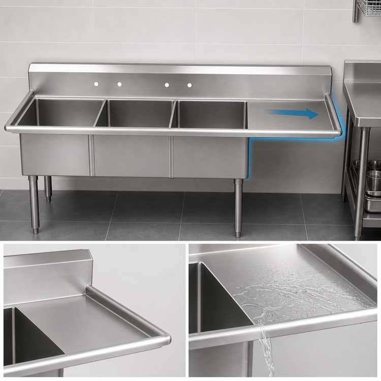 Product image #3 for BK Resources Three-Compartment Stainless Steel Sink with Right-Hand Drainboard, 24 x 24 x 14 Bowls