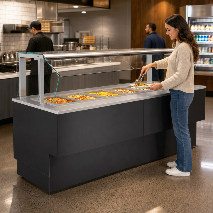 Product image #3 for Structural Concepts Grocerant Self-Service Heated Food Bar, 95 Inch Wide, Full-Size 6D Pan Wells, Slanted Glass Front