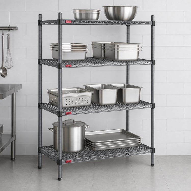 Product image #3 for Valu-Master Quad-Adjust 4-Tier Stationary Wire Shelving Starter Unit, 48W x 18D x 74H, Pewter Gray Epoxy