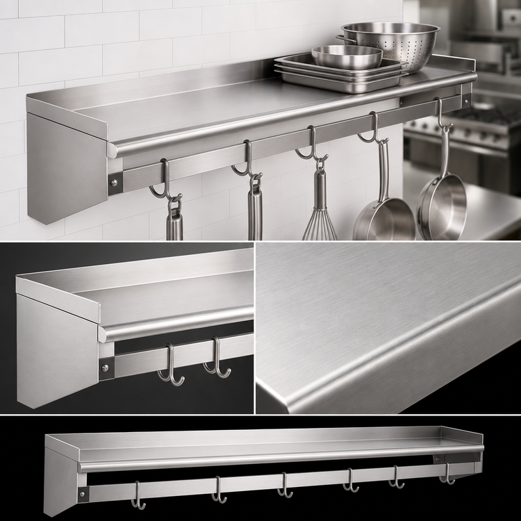 Product image #3 for 60-Inch x 12-Inch Wall-Mounted Stainless Steel Pot Rack Shelf with Removable Hooks