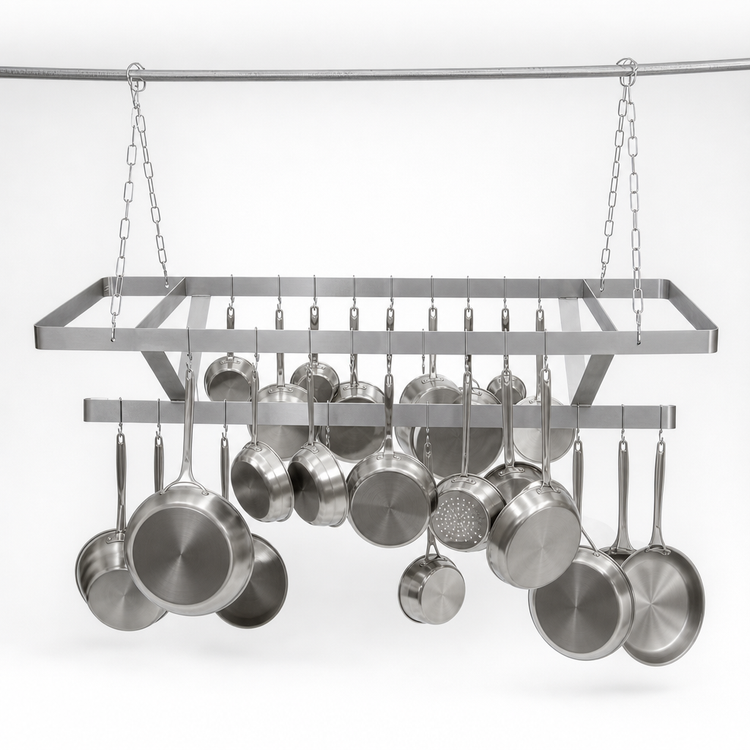 Product image #4 for 60-Inch Ceiling-Hung Triple-Bar Stainless Steel Pot Rack with 18 Double Hooks