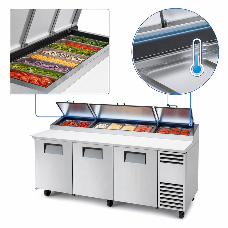 Product image #3 for True 93.5-Inch 3-Section Pizza Prep Table with 12-Pan Top and Side-Mounted Self-Contained Refrigeration