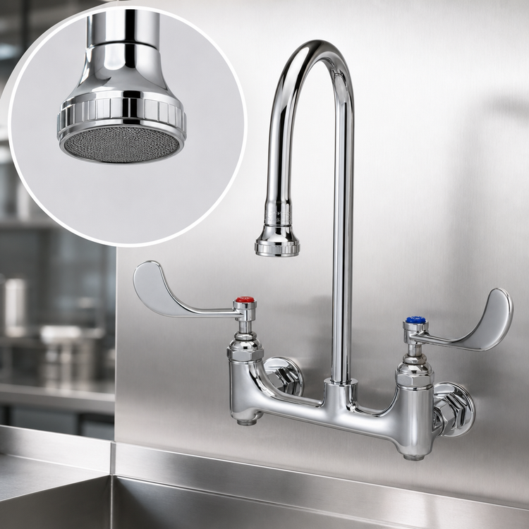 Product image #3 for Wall-Mount Medical Mixing Faucet with 5 1/2-Inch Rigid Gooseneck and Rosespray Outlet, 8-Inch Centers