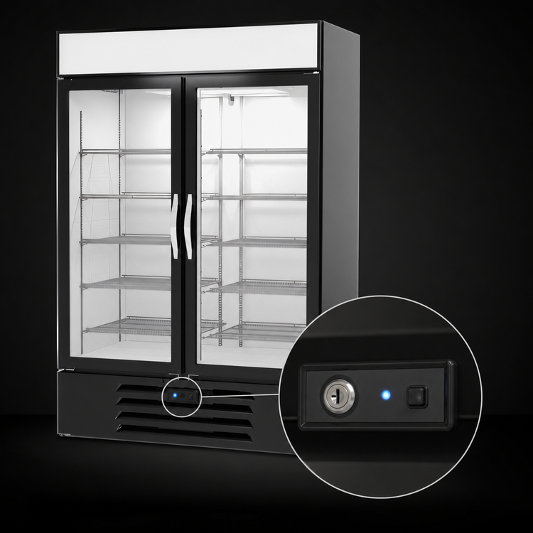 Product image #3 for Beverage-Air MarketMax 52-Inch Two-Section Reach-In Glass Door Refrigerated Merchandiser, Black, with Electronic Smart Lock