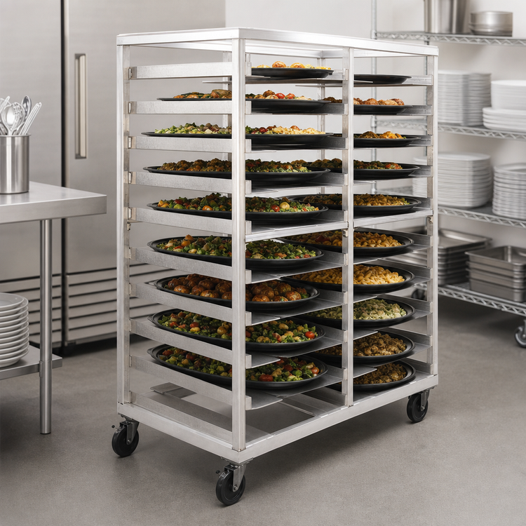 Product image #3 for Universal Full-Height Open-Side Mobile Oval Tray Rack, Double-Wide, 20-Tray Capacity, Aluminum