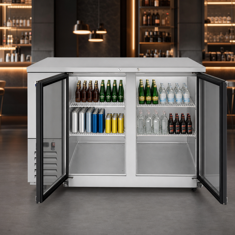 Product image #4 for Atosa 57-4/5-Inch Two-Section Glass Door Back Bar Cooler, 17.3 Cu. Ft., Self-Contained Side-Mount Refrigeration