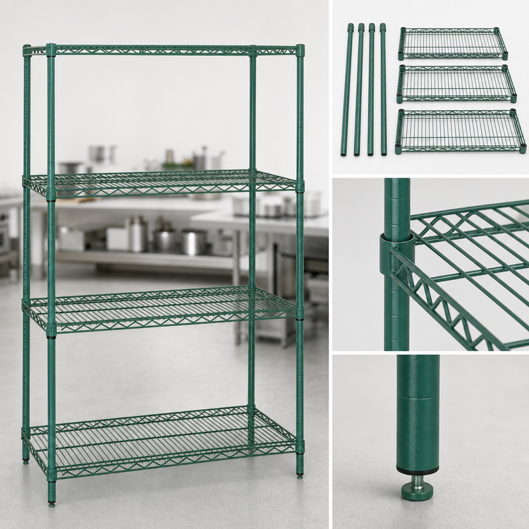 Product image #3 for Quantum 42 Inch x 14 Inch x 54 Inch 4-Shelf Wire Shelving Starter Kit, Stationary, Green Epoxy Antimicrobial Finish