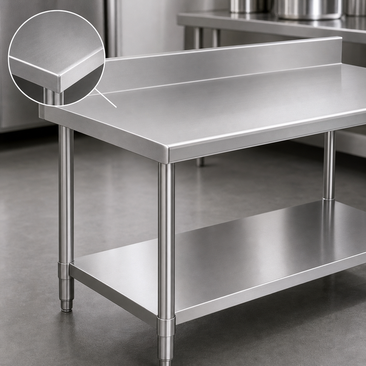 Product image #3 for Duke 30 x 48 Inch 14-Gauge 300 Series Stainless Steel Work Table with 5-Inch Riser and Stainless Undershelf