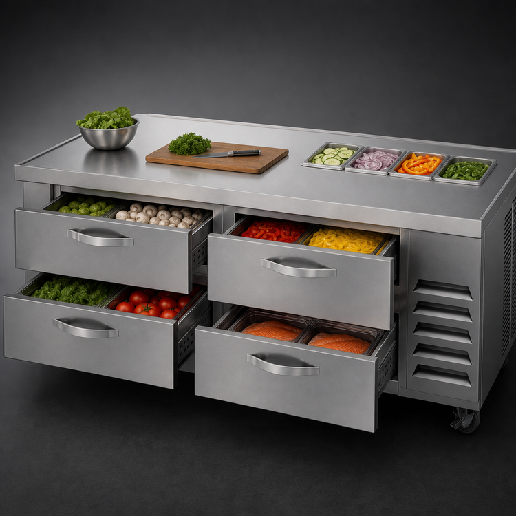 Product image #4 for Beverage-Air Four-Drawer Chef Base Refrigerator, 72-Inch Wide, Side-Mounted Self-Contained, R290