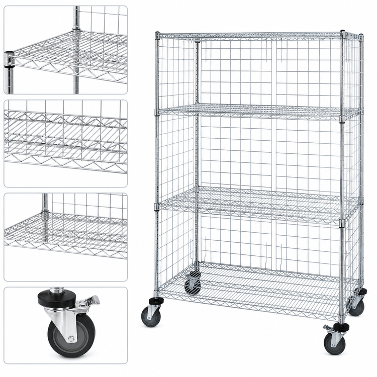 Product image #3 for Quantum 4-Shelf Mobile Enclosure Wire Shelving Cart, 48 x 24 x 69 Inches, Chrome Plated Finish