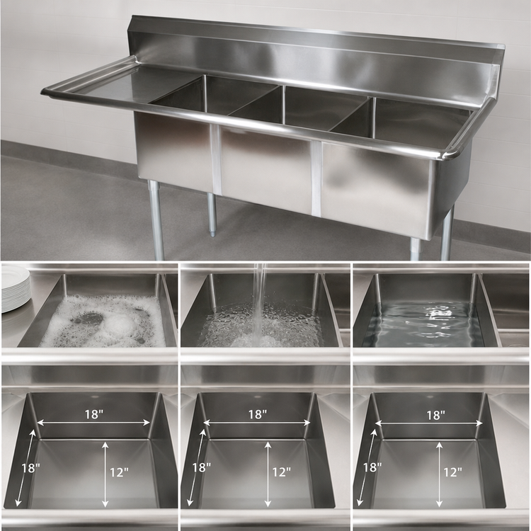 Product image #3 for John Boos E-Series 3-Compartment Stainless Steel Sink with Left Drainboard