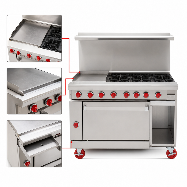 Product image #3 for American Range 48-Inch Commercial Gas Restaurant Range with 12-Inch Left Griddle, 6 Open Burners, 26-1/2-Inch Standard Oven, and Right Storage Base