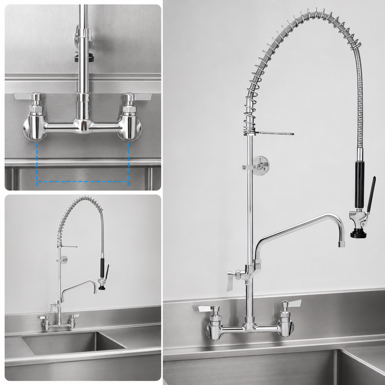 Product image #3 for 8-Inch OC Splash-Mounted Pre-Rinse Add-On Faucet with 14-Inch Spout, Spring-Action Gooseneck, and Wall Bracket