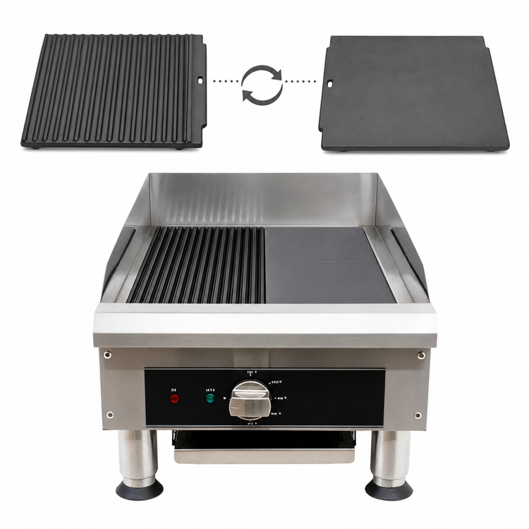 Product image #3 for Omcan USA Electric Countertop Charbroiler/Griddle with Interchangeable Cast Iron Grill and Griddle Plates, 14-Inch Cooking Area, 240V