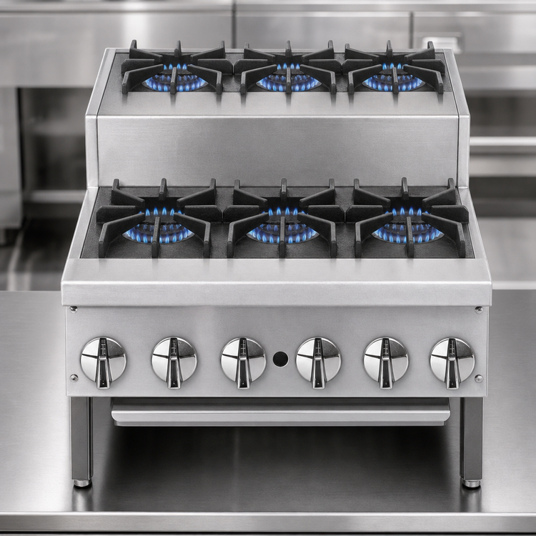 Product image #3 for Supreme 24-Inch Gas Countertop Step-Up Hotplate with 3 Open Burners and 3 Step-Up Open Burners
